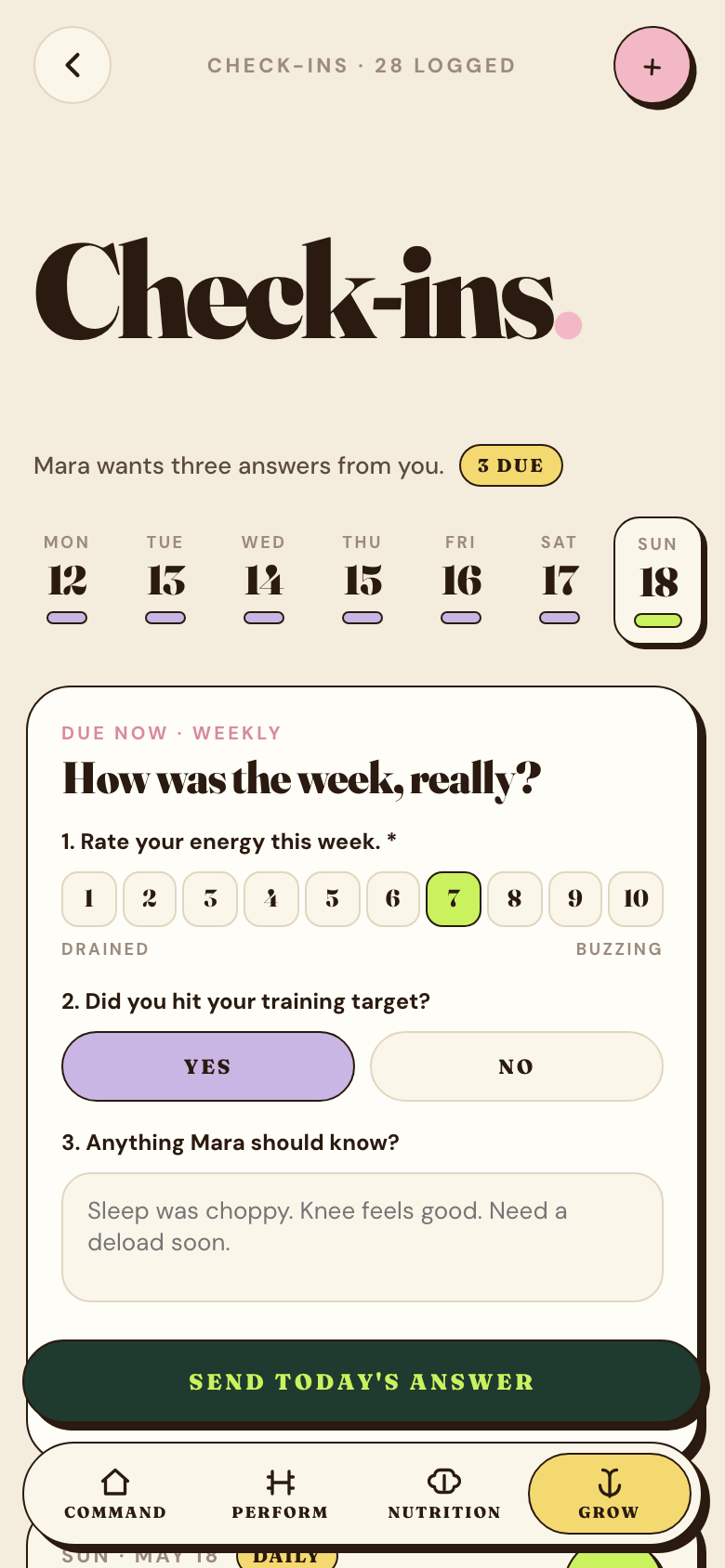 Weekly check-in form